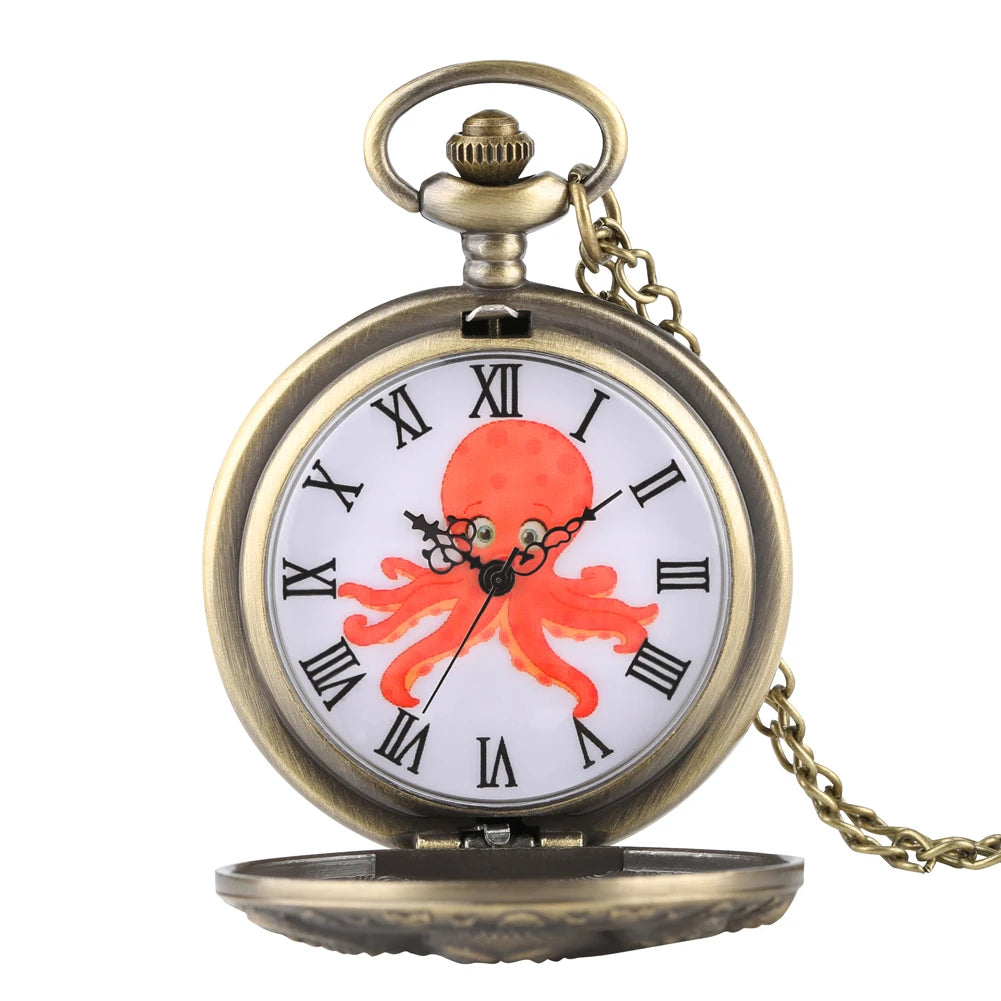 Retro Octopus Pattern Quartz Pocket Watch – Arabic Numerals Dial with Necklace Chain - All you need