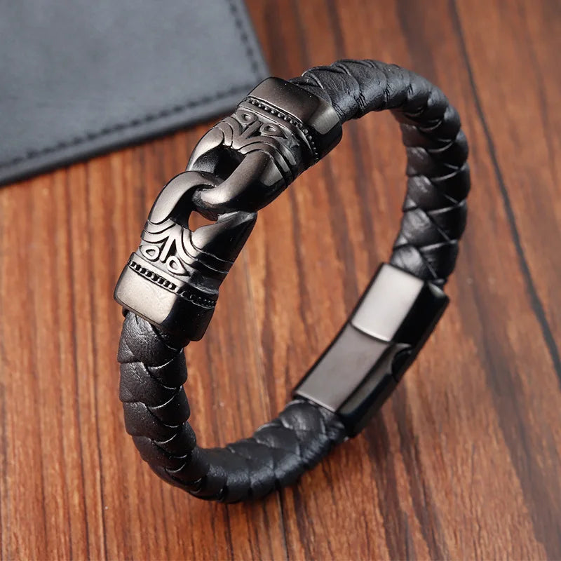 Viking-Style Men's Bracelet – Thick Braided Genuine Leather with Stainless Steel Accents - All you need