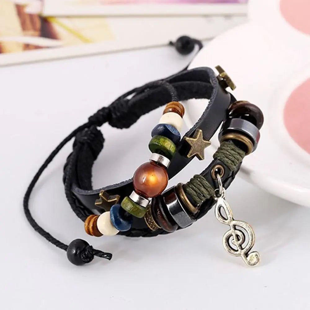 ๐ต Adjustable Leather & Wood Bead Bracelet โ Musical Note Charm, Braided Rope Design - All you need