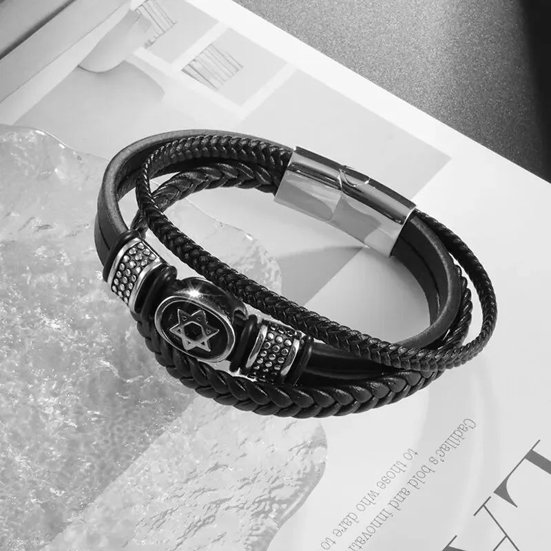 Multilayer Braided Leather Bracelet with Stainless Steel Star of David – Magnetic Clasp - All you need