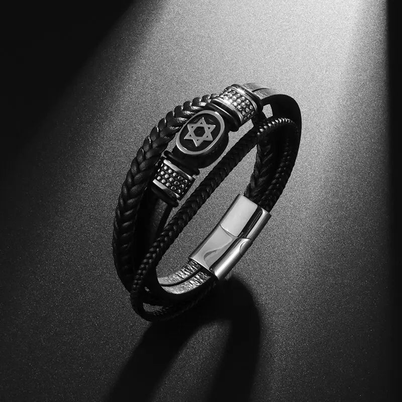 Multilayer Braided Leather Bracelet with Stainless Steel Star of David – Magnetic Clasp - All you need