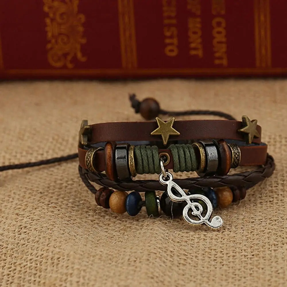 ๐ต Adjustable Leather & Wood Bead Bracelet โ Musical Note Charm, Braided Rope Design - All you need