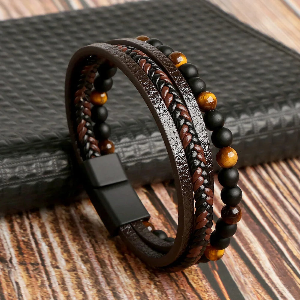 ๐งต New Vintage Leather Handwoven Rope Bracelet โ Men's Magnetic Buckle Cuff - All you need