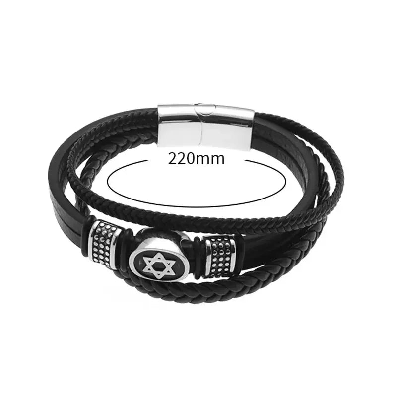 Multilayer Braided Leather Bracelet with Stainless Steel Star of David – Magnetic Clasp - All you need