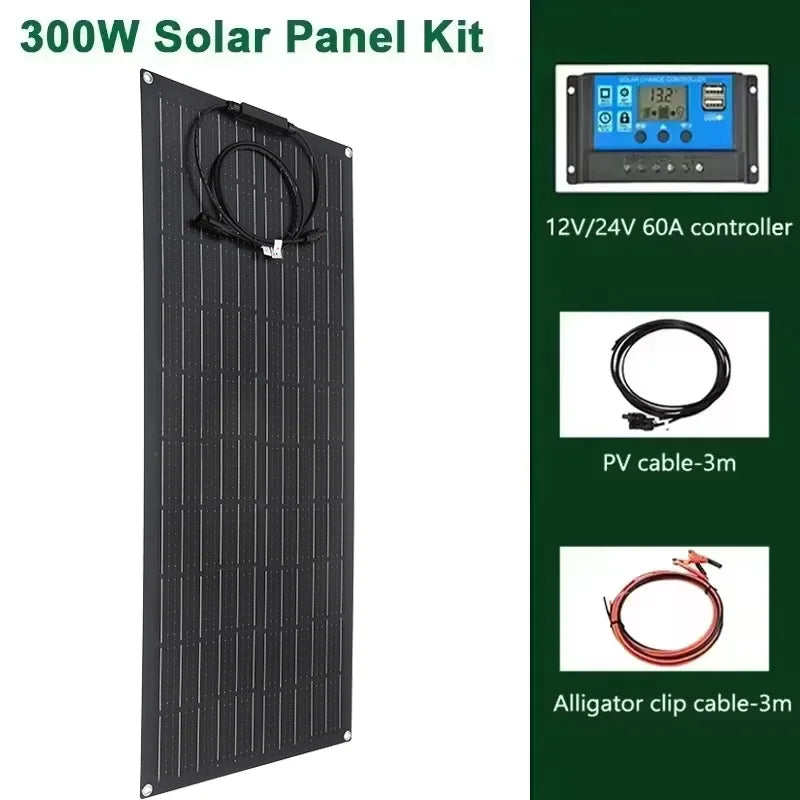Flexible 300W Solar Charging Panel Kit with 60A Controller โ For Outdoor Energy Applications - All you need