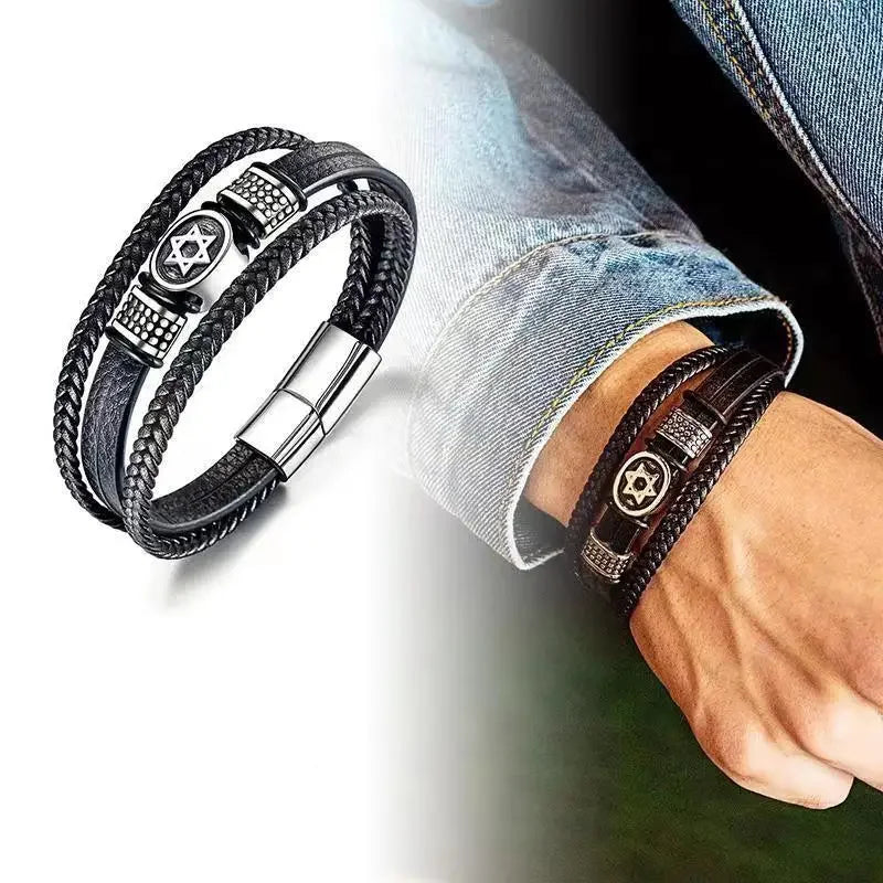 Multilayer Braided Leather Bracelet with Stainless Steel Star of David – Magnetic Clasp - All you need