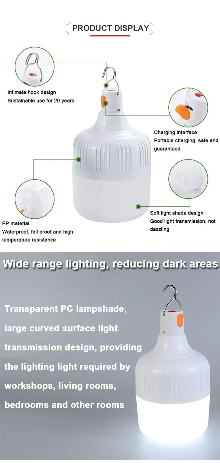 USB Rechargeable LED Bulb Lantern – Portable, Waterproof, 5 Lighting Modes – 20W to 160W Options for Outdoor Camping & Emergency Use - All you need
