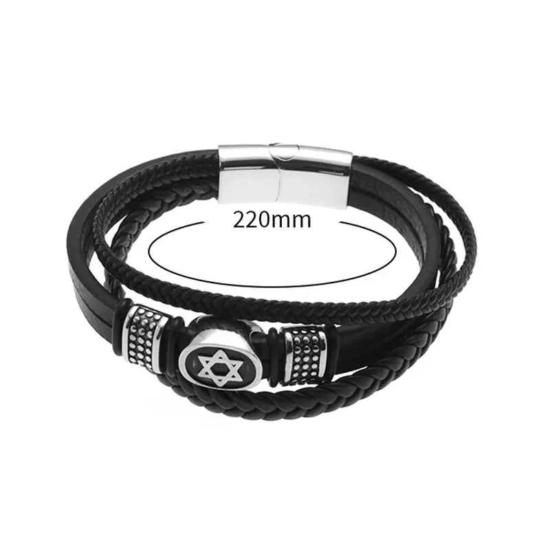 Multilayer Braided Leather Bracelet with Stainless Steel Star of David – Magnetic Clasp - All you need