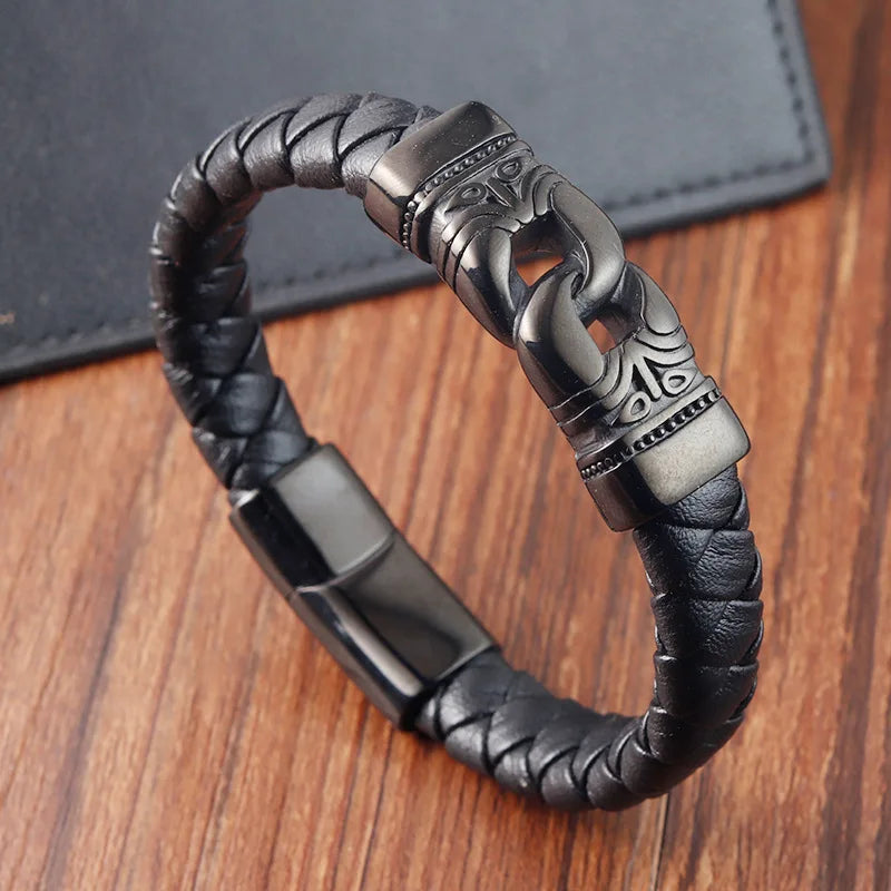 Viking-Style Men's Bracelet – Thick Braided Genuine Leather with Stainless Steel Accents - All you need
