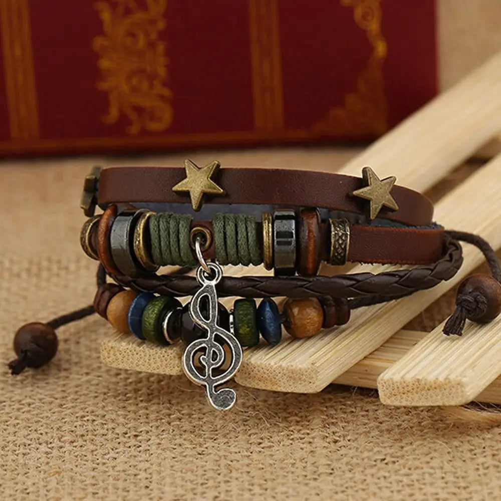๐ต Adjustable Leather & Wood Bead Bracelet โ Musical Note Charm, Braided Rope Design - All you need