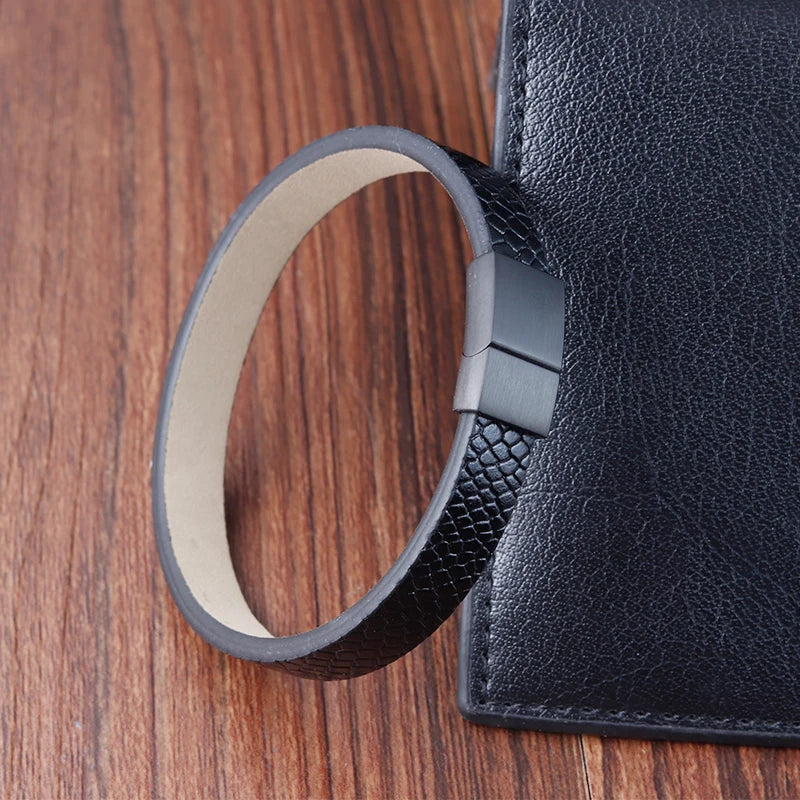 🧷 Men's Black Leather Bracelet – 21cm, Stainless Steel Magnetic Clasp - All you need