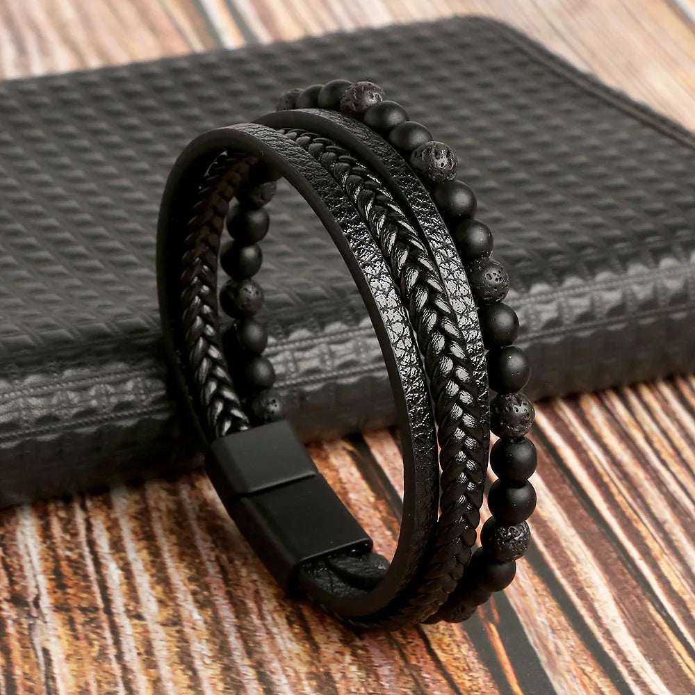 ๐งต New Vintage Leather Handwoven Rope Bracelet โ Men's Magnetic Buckle Cuff - All you need