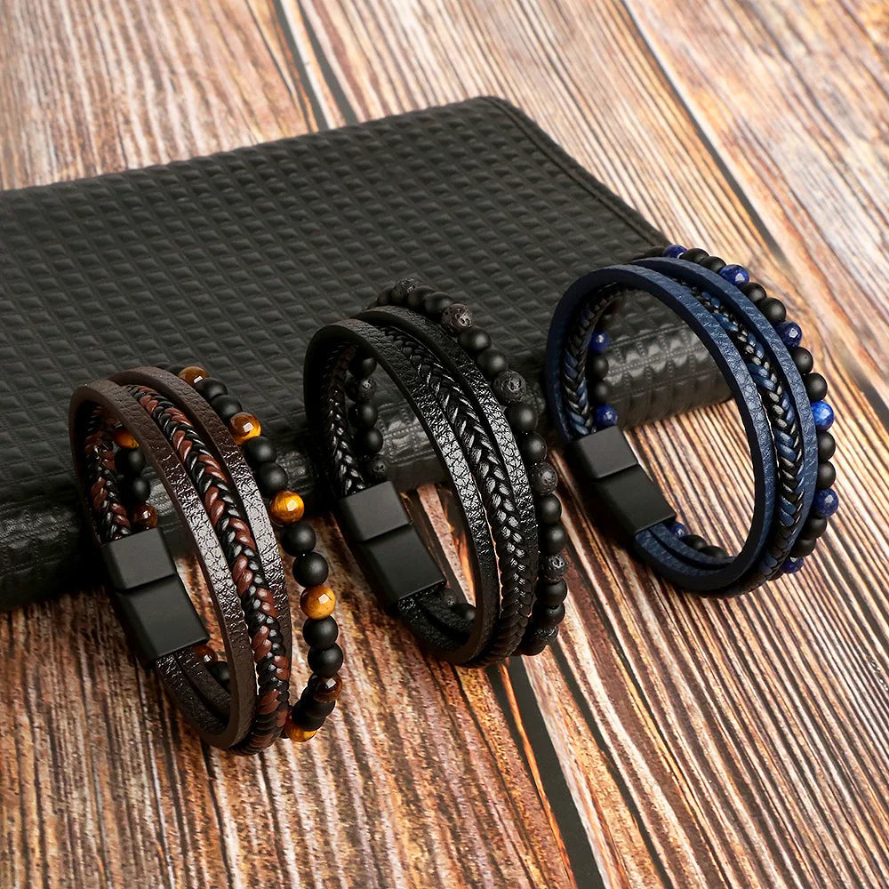๐งต New Vintage Leather Handwoven Rope Bracelet โ Men's Magnetic Buckle Cuff - All you need