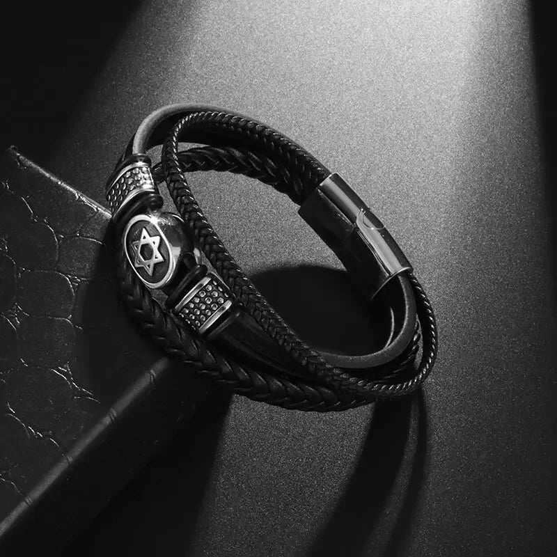 Multilayer Braided Leather Bracelet with Stainless Steel Star of David – Magnetic Clasp - All you need