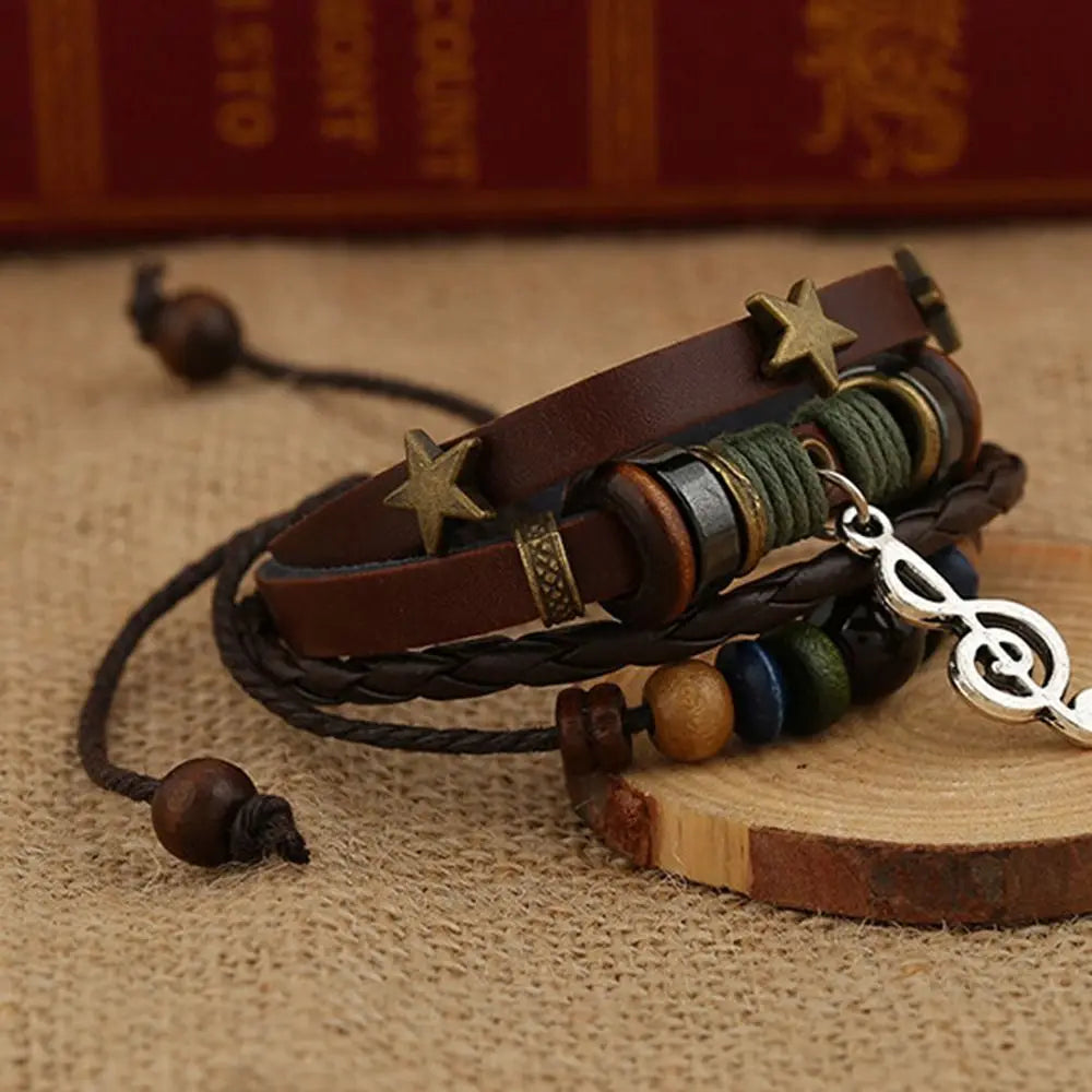 ๐ต Adjustable Leather & Wood Bead Bracelet โ Musical Note Charm, Braided Rope Design - All you need