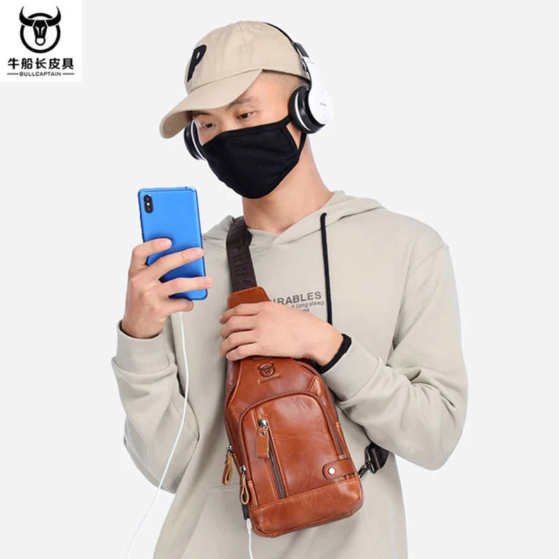 Men’s Genuine Cowhide Leather Crossbody Chest Bag – USB Charging, Multi-Compartment Travel Shoulder Pack - All you need