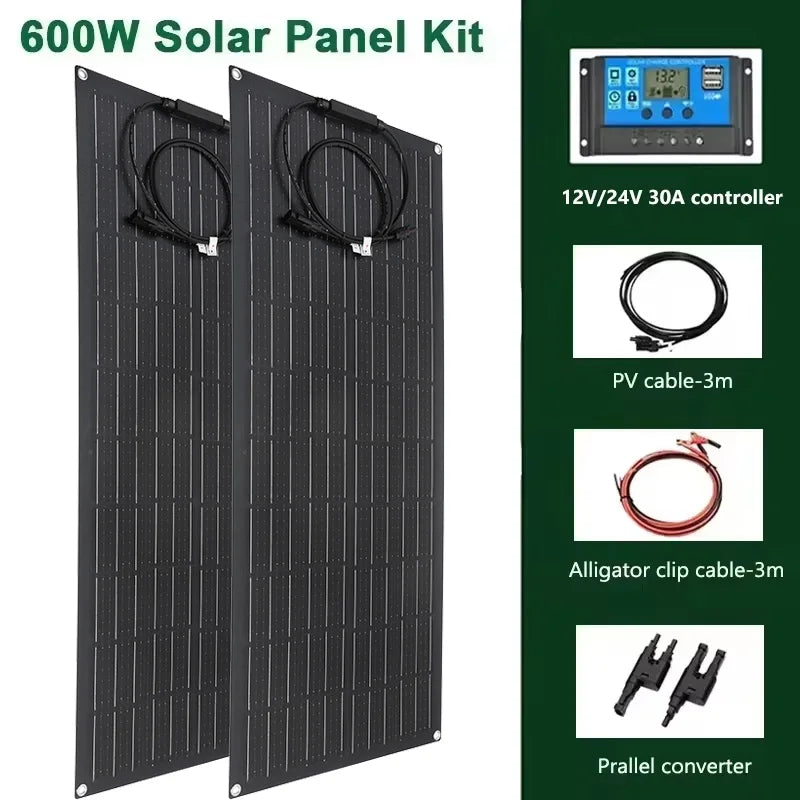 Flexible 300W Solar Charging Panel Kit with 60A Controller โ For Outdoor Energy Applications - All you need