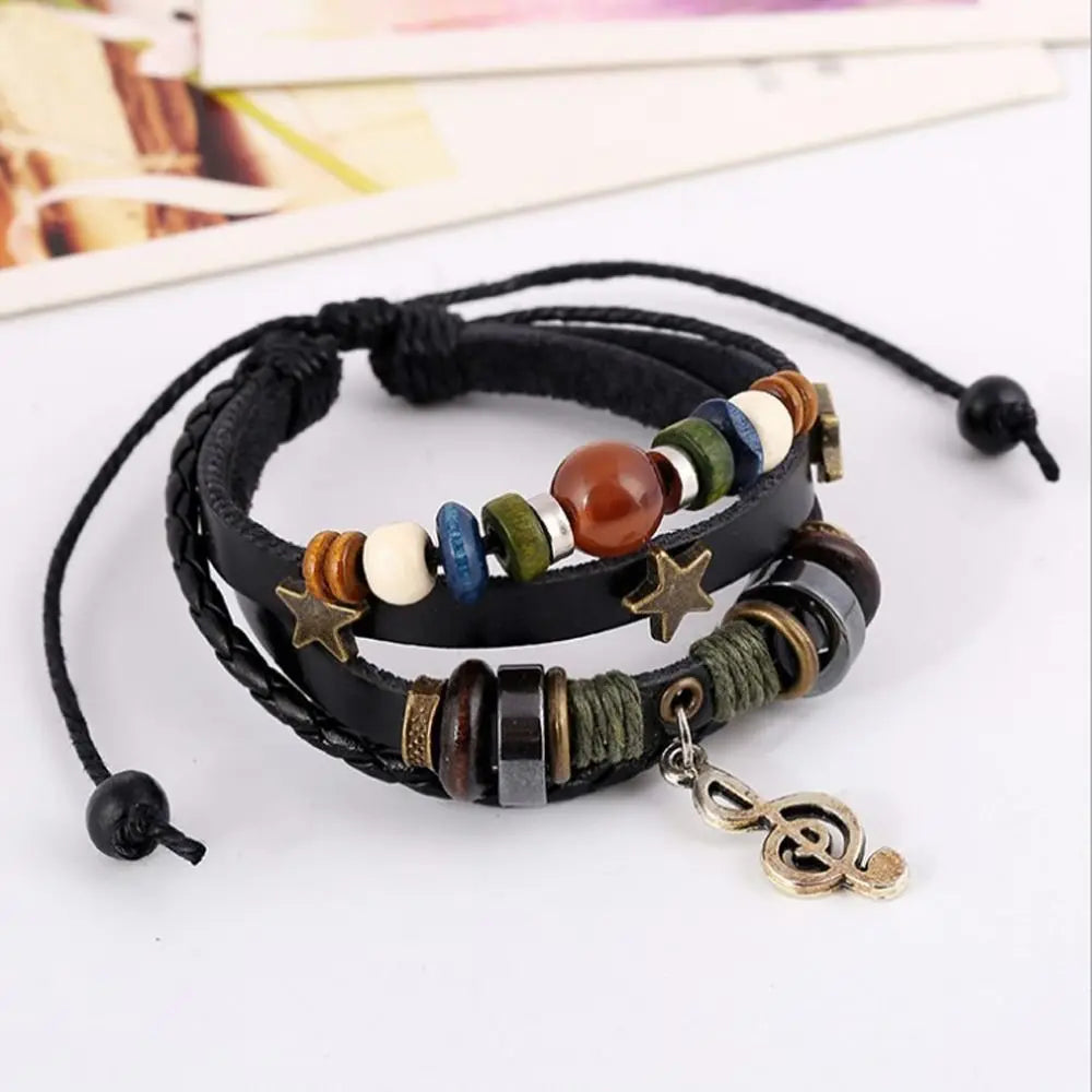 ๐ต Adjustable Leather & Wood Bead Bracelet โ Musical Note Charm, Braided Rope Design - All you need