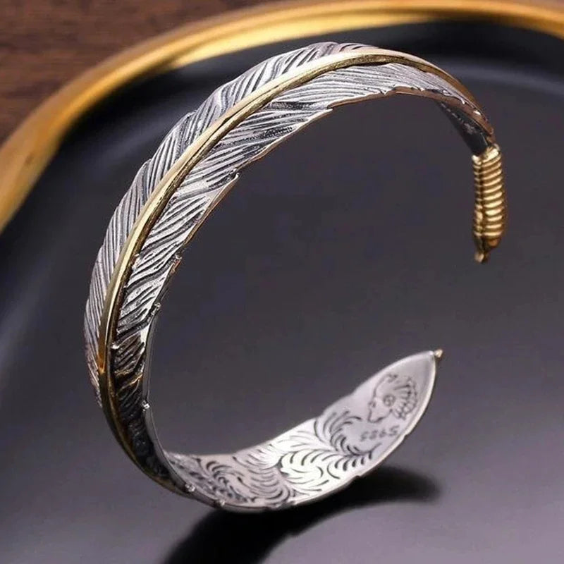 Adjustable Metal Cuff Bracelet with Feather and Tang Grass Motif – Unisex Design - All you need
