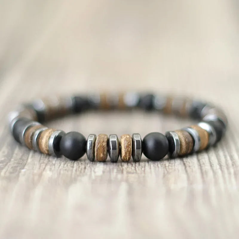 Vintage Natural Stone & Wooden Bead Bracelet — Tiger Eye, Onyx & Hematite - All you need