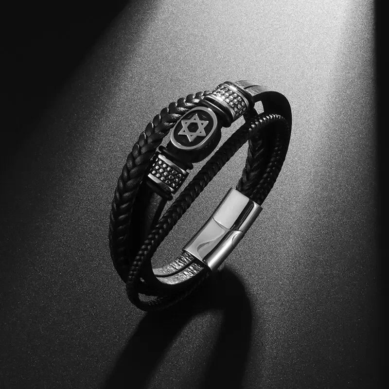 Multilayer Braided Leather Bracelet with Stainless Steel Star of David – Magnetic Clasp - All you need