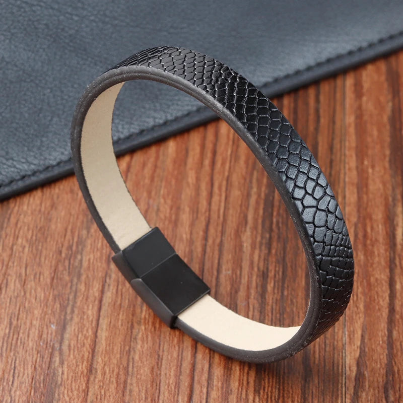 🧷 Men's Black Leather Bracelet – 21cm, Stainless Steel Magnetic Clasp - All you need
