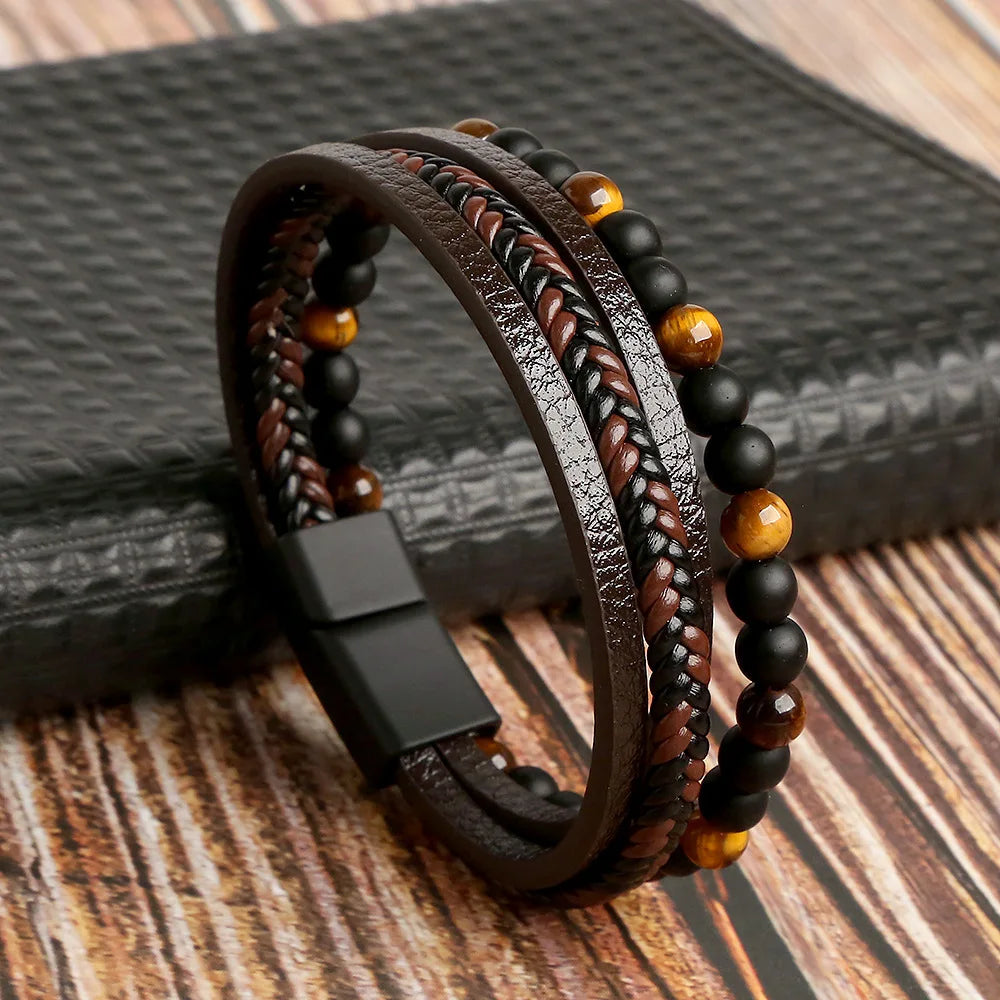 ๐งต New Vintage Leather Handwoven Rope Bracelet โ Men's Magnetic Buckle Cuff - All you need