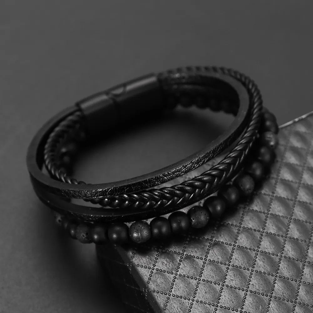 ๐งต New Vintage Leather Handwoven Rope Bracelet โ Men's Magnetic Buckle Cuff - All you need