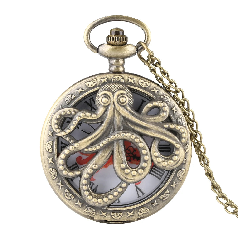 Retro Octopus Pattern Quartz Pocket Watch – Arabic Numerals Dial with Necklace Chain - All you need