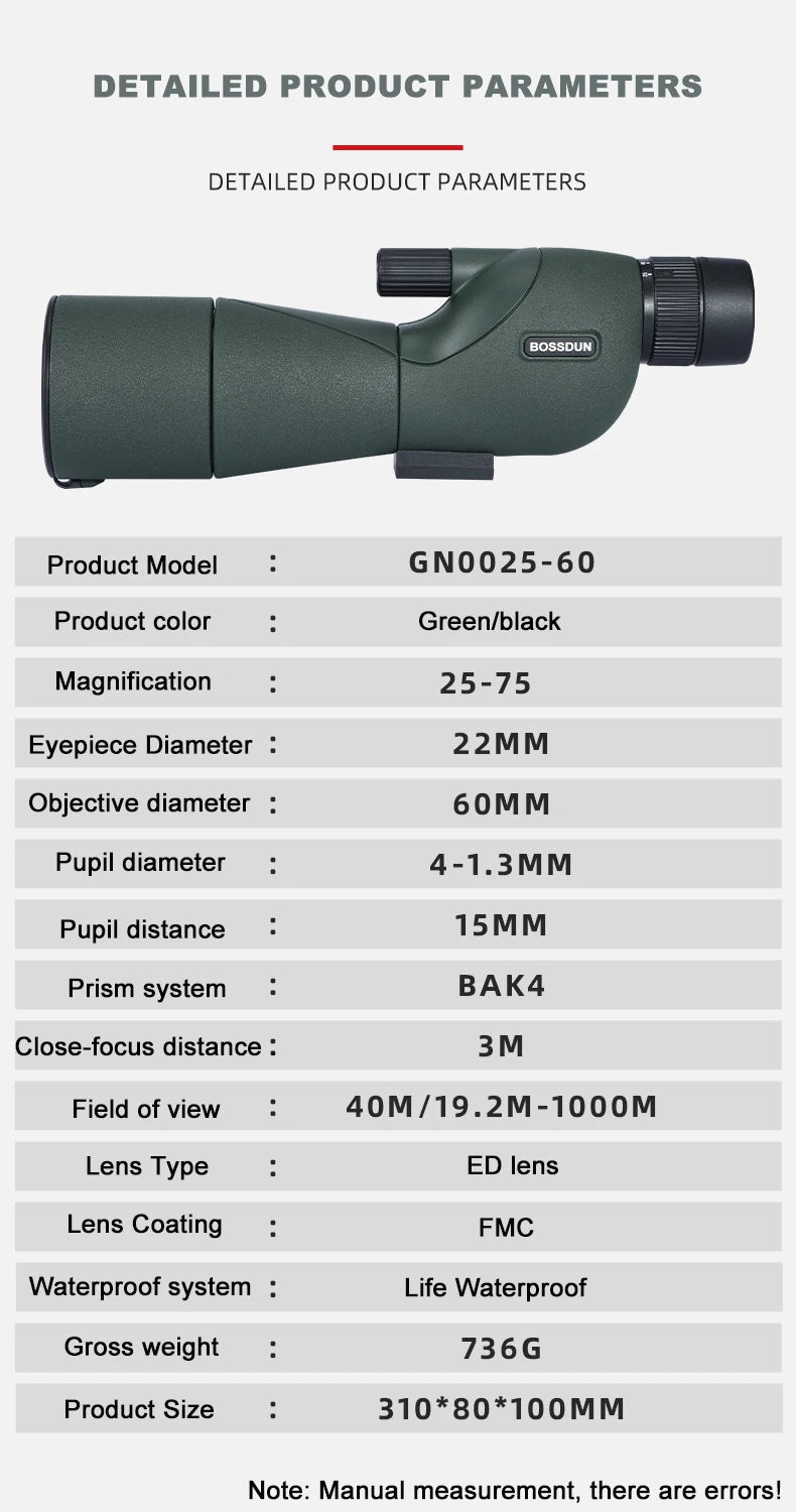🔭 Product Title (English): 25–75x60 Spotting Scope Monocular Telescope with BAK4 Prism and ED Lens – For Outdoor Observation - All you need