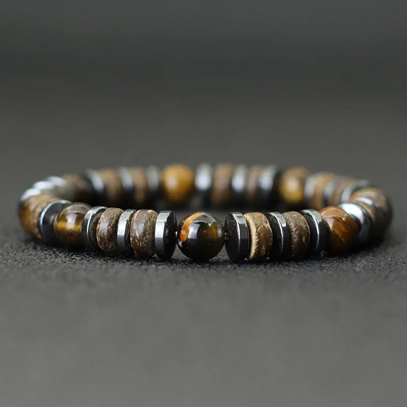 Vintage Natural Stone & Wooden Bead Bracelet — Tiger Eye, Onyx & Hematite - All you need