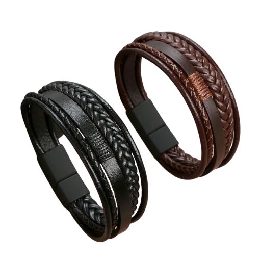 Multilayer Braided Cowhide Leather Bracelet for Men – Matte Magnetic Buckle - All you need