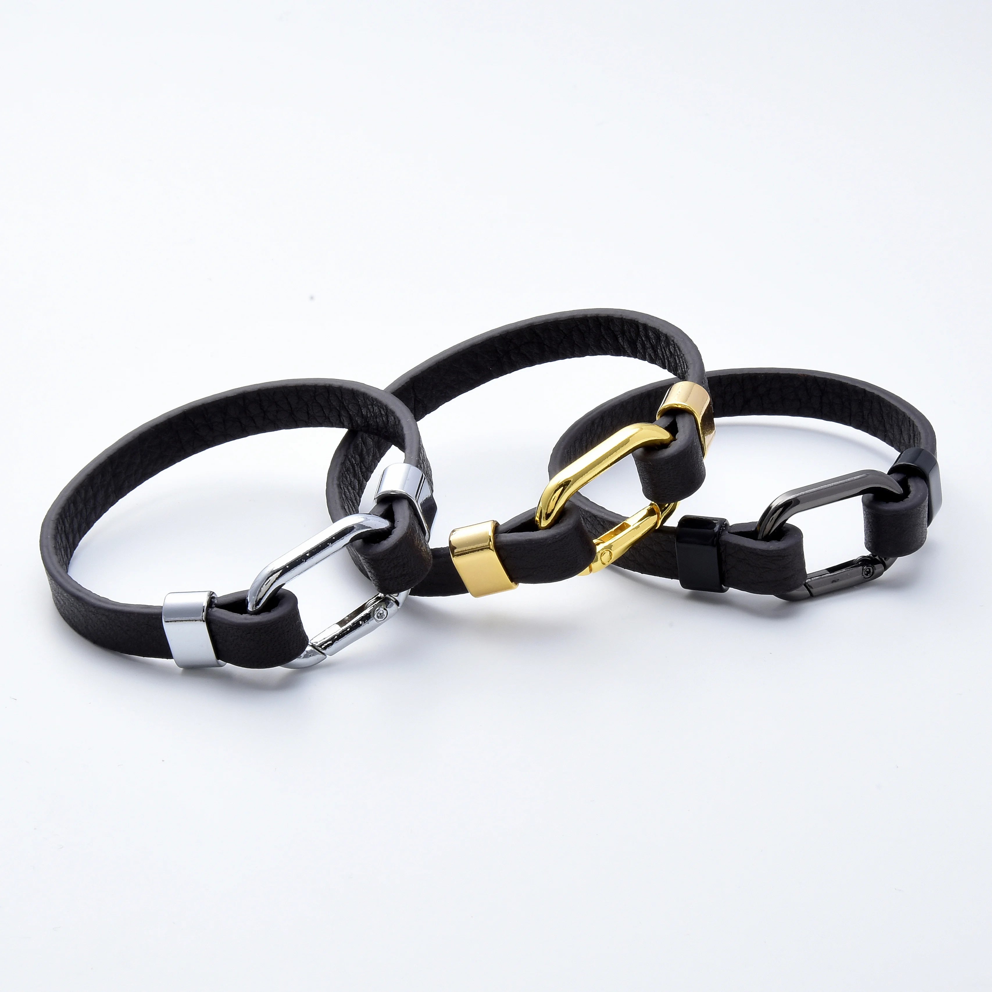 Men's Black Leather Rope Bracelet – Oval Spring Buckle, Available in 3 Sizes - All you need
