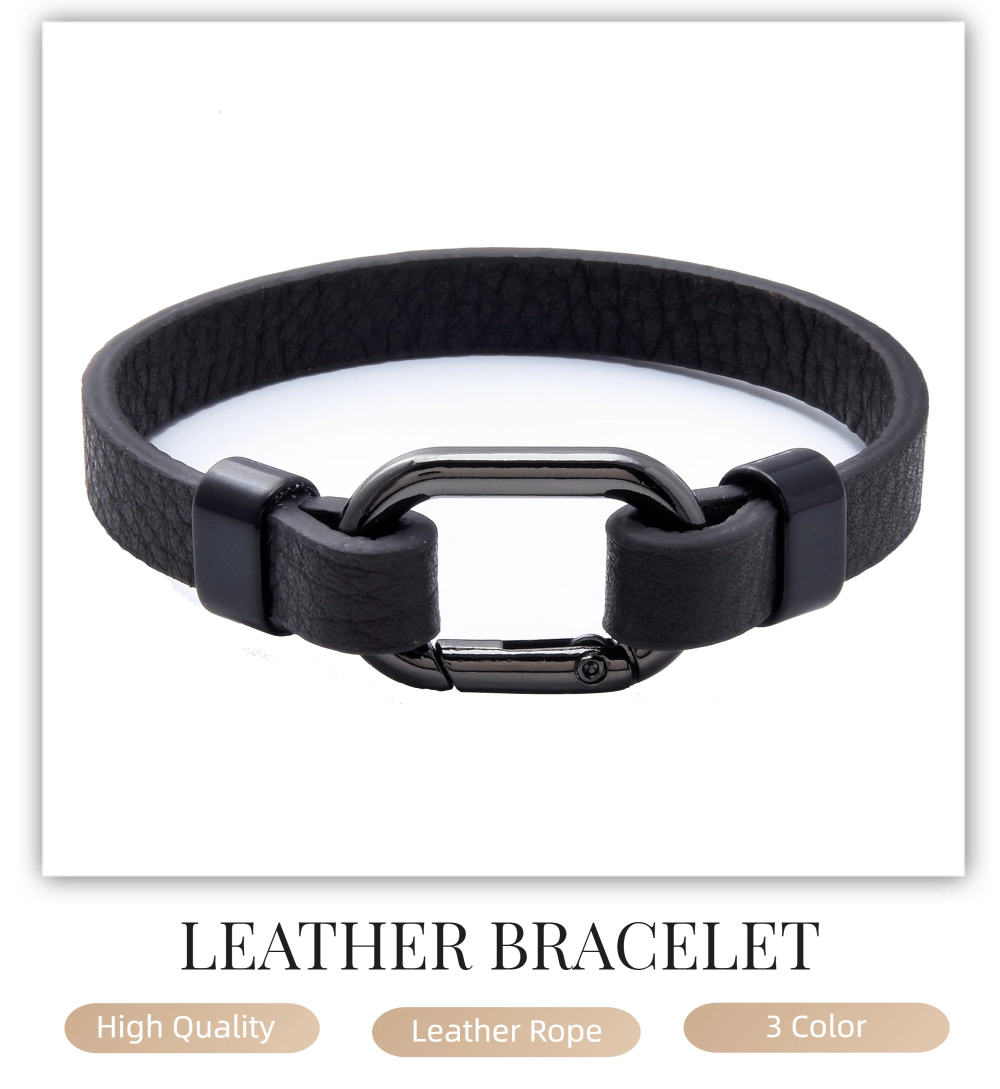 Men's Black Leather Rope Bracelet – Oval Spring Buckle, Available in 3 Sizes - All you need