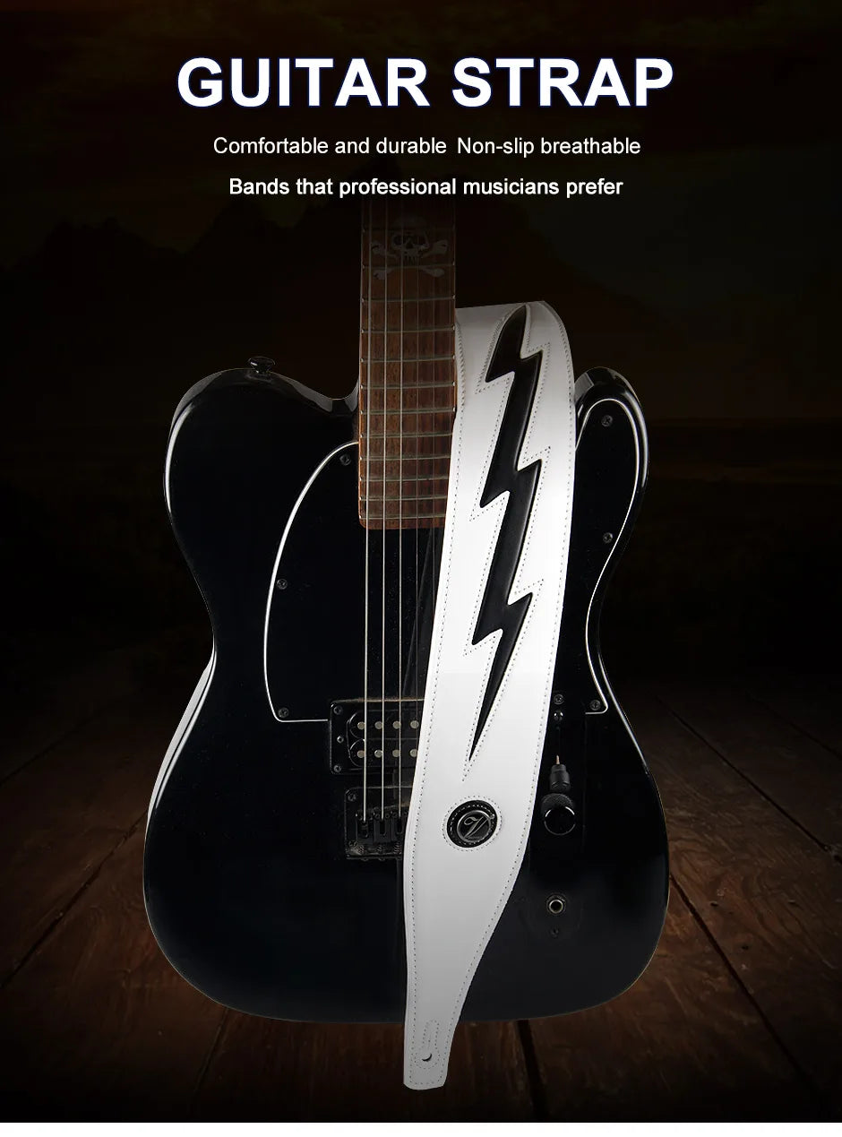 Premium Leather Guitar Strap with Lightning Design – Comfortable Adjustable Support for Acoustic, Electric & Bass Guitars - All you need