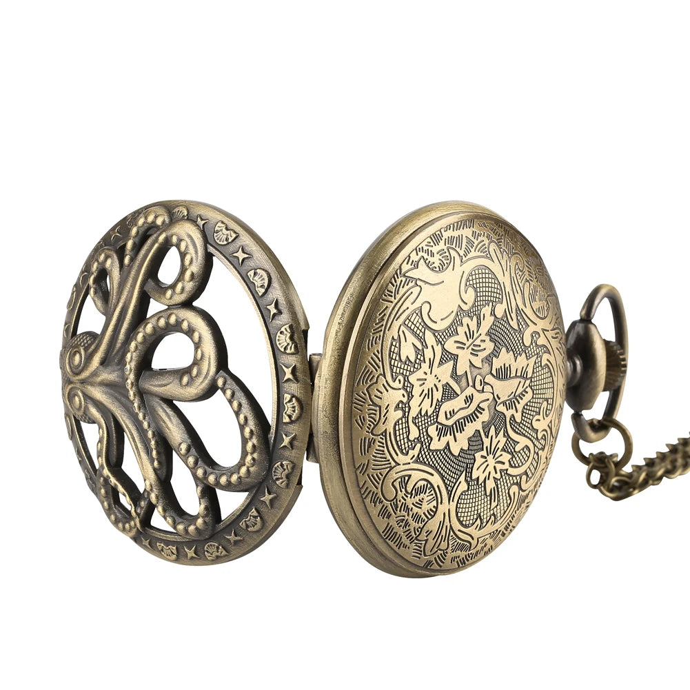 Retro Octopus Pattern Quartz Pocket Watch – Arabic Numerals Dial with Necklace Chain - All you need