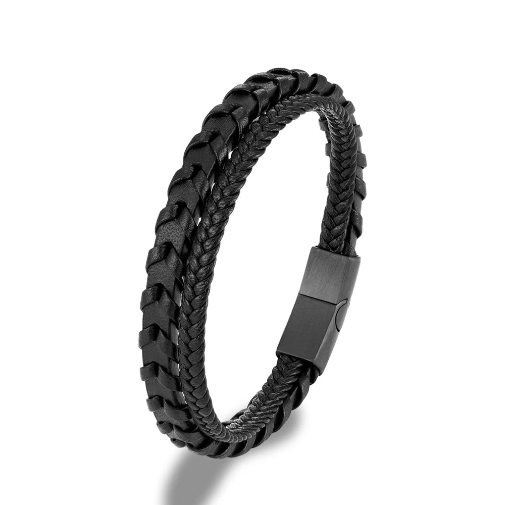 MKENDN Genuine Leather Braided Bracelet for Men – Matte Black Stainless Steel Magnetic Clasp - All you need