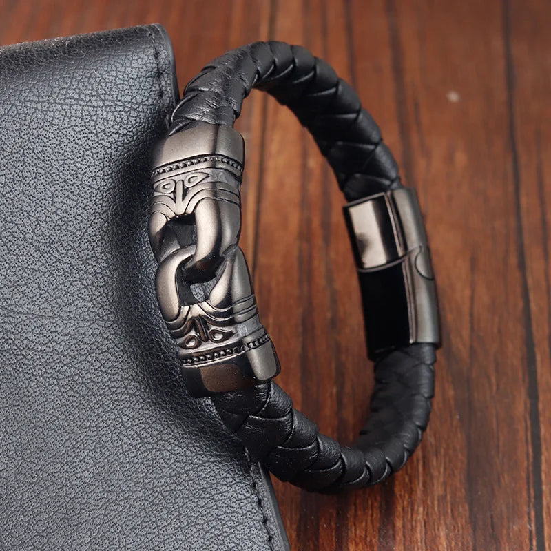 Viking-Style Men's Bracelet – Thick Braided Genuine Leather with Stainless Steel Accents - All you need