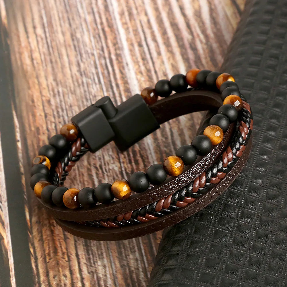 🧵 New Vintage Leather Handwoven Rope Bracelet – Men's Magnetic Buckle Cuff - All you need