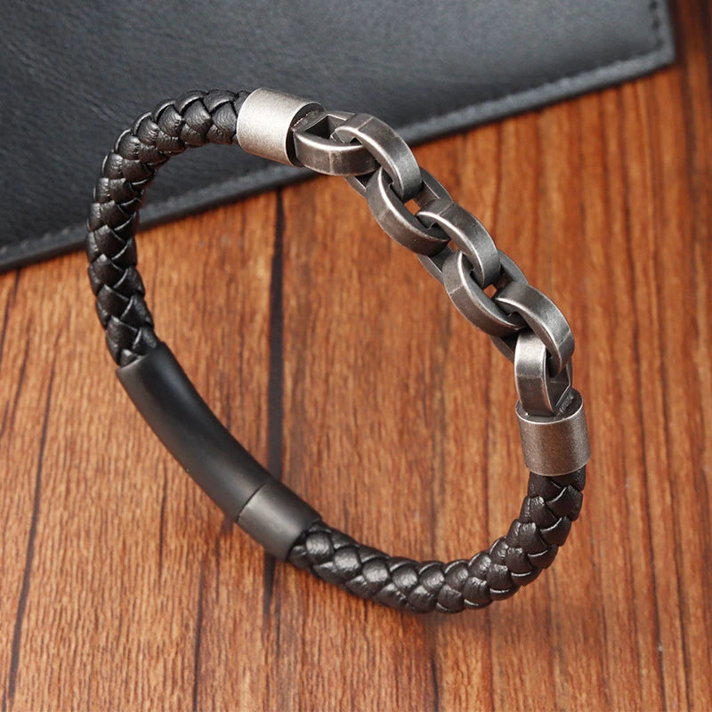 Men's Leather & Stainless Steel Bracelet – Magnetic Clasp, 21cm - All you need