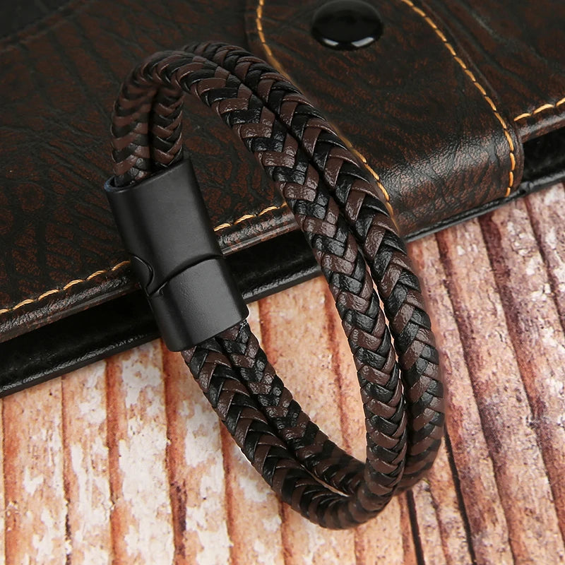 🧷 Double-Layer Braided Leather Bracelet with Magnetic Clasp – Unisex Design - All you need