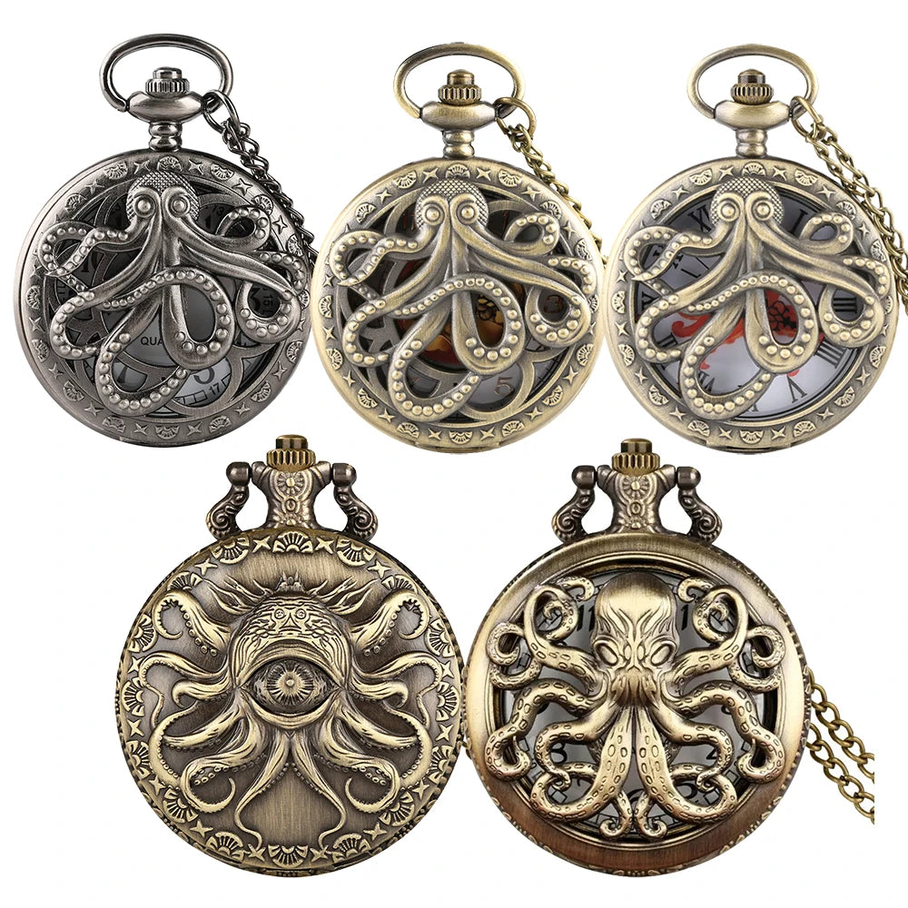 Retro Octopus Pattern Quartz Pocket Watch – Arabic Numerals Dial with Necklace Chain - All you need