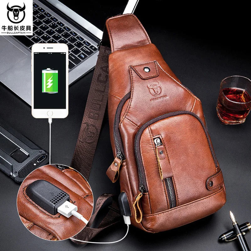 Men’s Genuine Cowhide Leather Crossbody Chest Bag – USB Charging, Multi-Compartment Travel Shoulder Pack - All you need