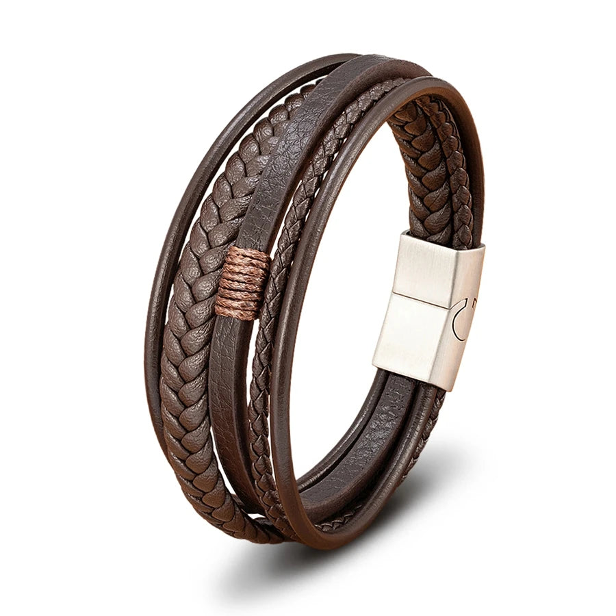 XQNI Multilayer Hand-Woven Leather Bracelet with Stainless Steel Magnetic Buckle – Men's Geometric Design - All you need