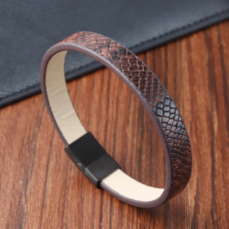 🧷 Men's Black Leather Bracelet – 21cm, Stainless Steel Magnetic Clasp - All you need