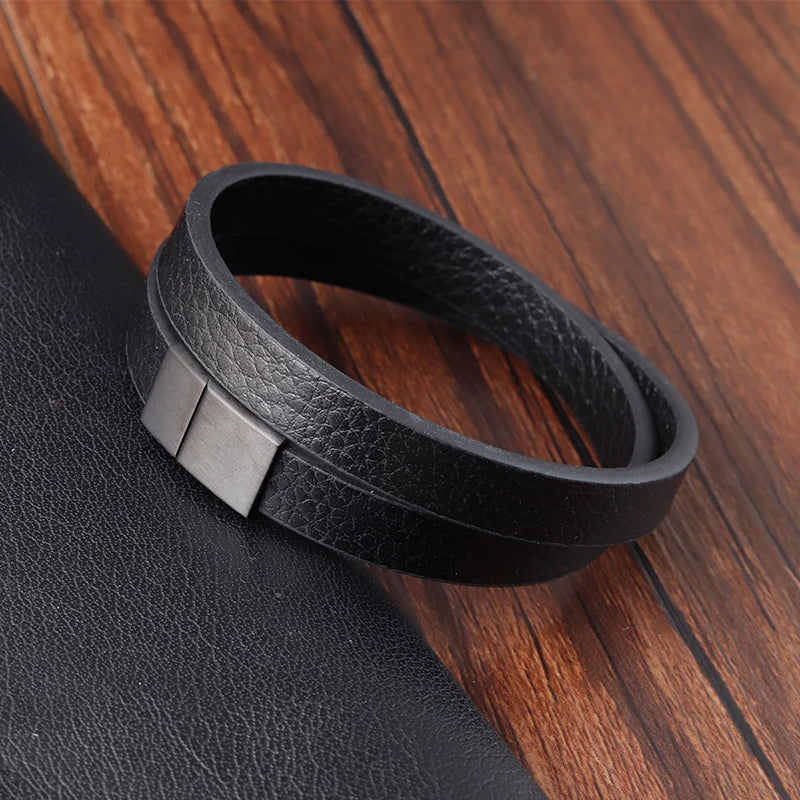 🧷 Men's Braided Leather & Stainless Steel Bracelet – 21cm Magnetic Clasp - All you need