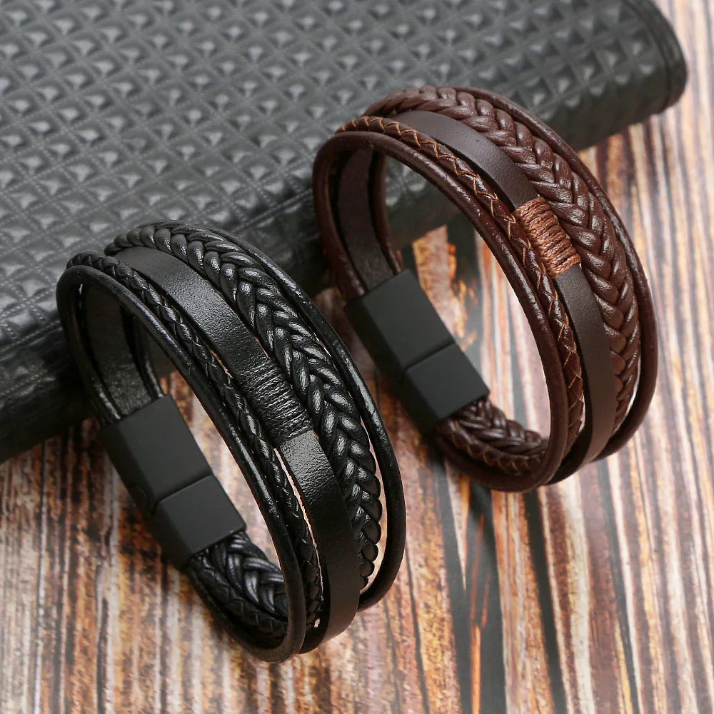Multilayer Braided Cowhide Leather Bracelet for Men – Matte Magnetic Buckle - All you need