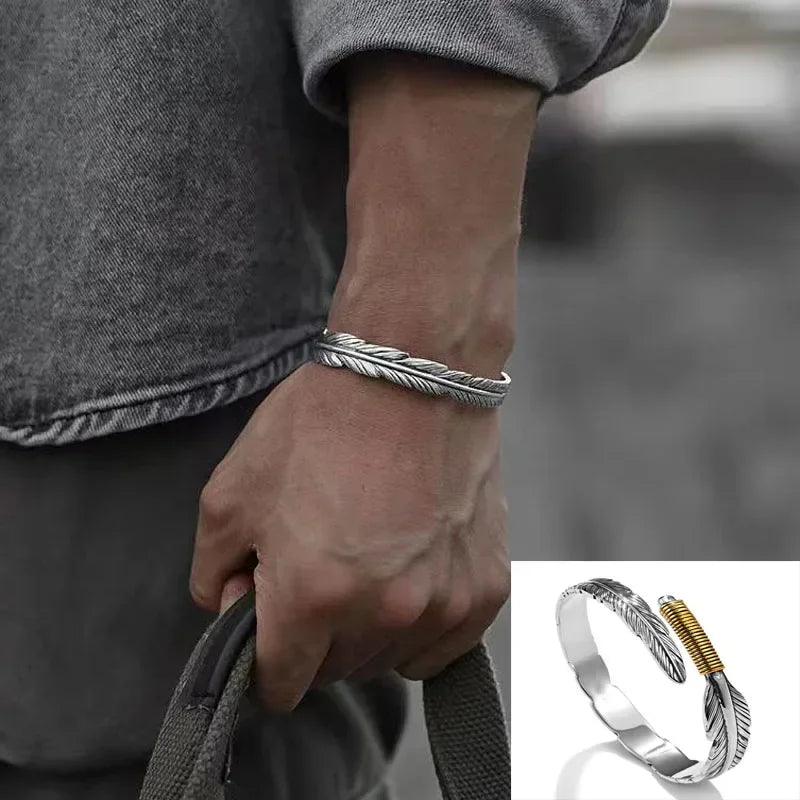 Adjustable Metal Cuff Bracelet with Feather and Tang Grass Motif – Unisex Design - All you need