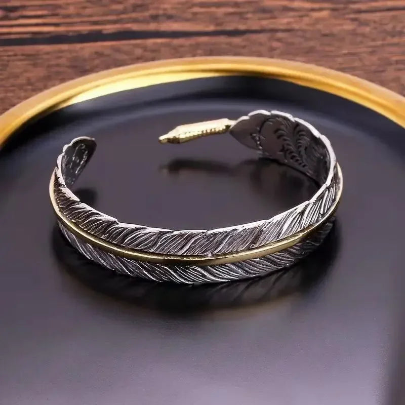 Adjustable Metal Cuff Bracelet with Feather and Tang Grass Motif – Unisex Design - All you need