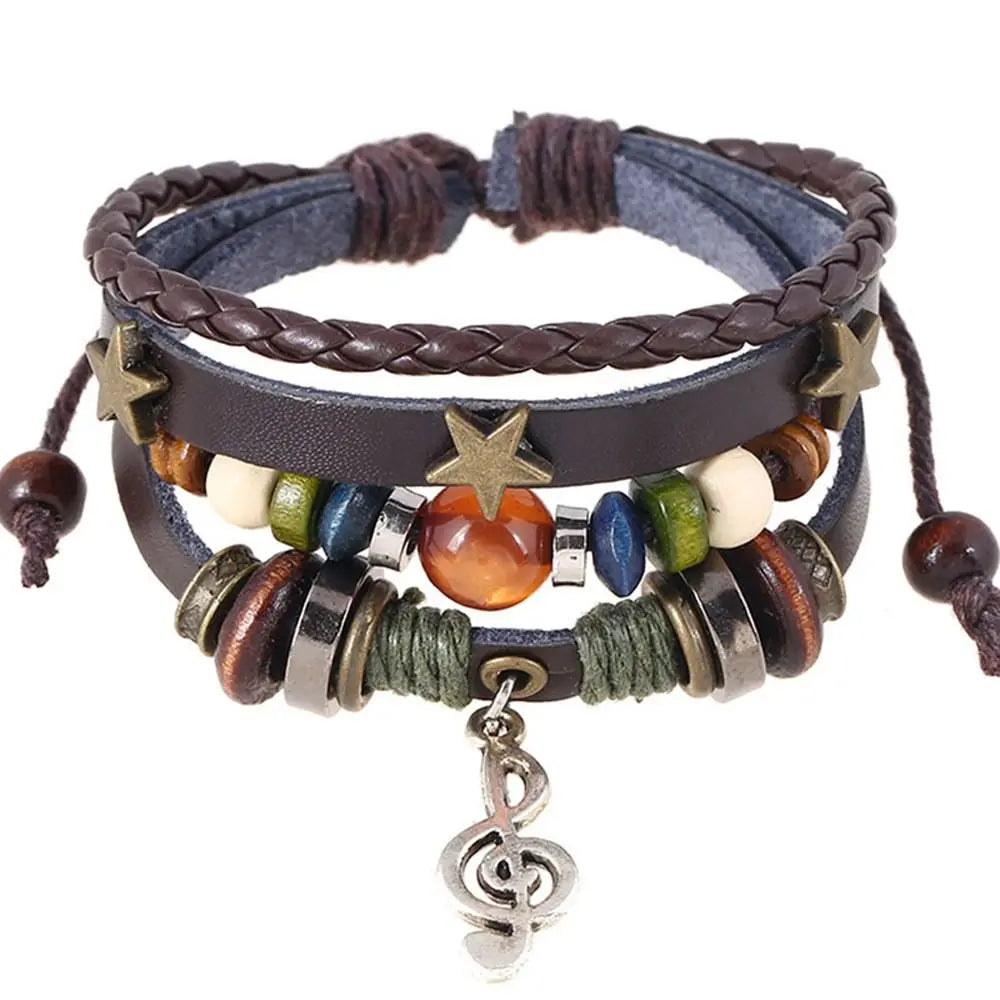 🎵 Adjustable Leather & Wood Bead Bracelet – Musical Note Charm, Braided Rope Design - All you need